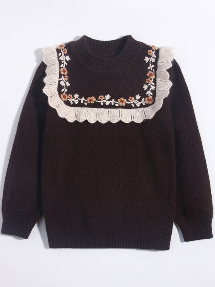 Girls Chocolate Brown Ruffled Floral Yoke Cashmere Sweater